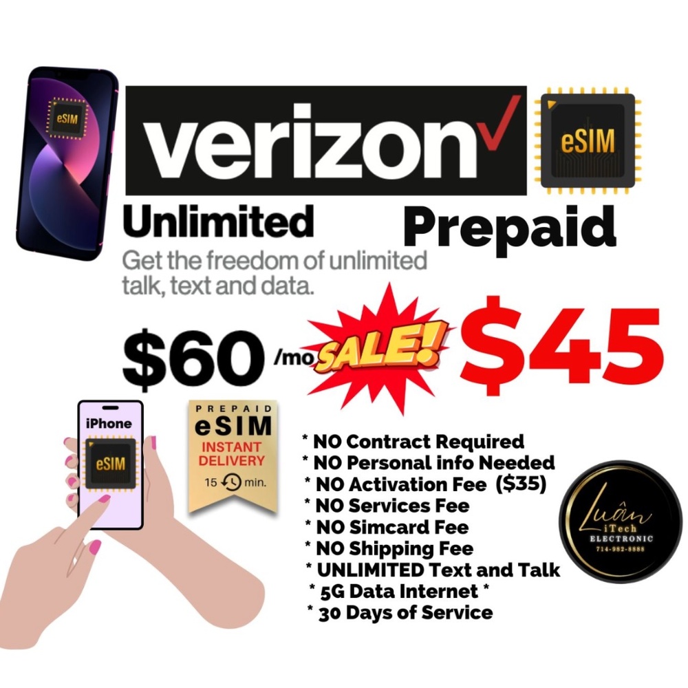 Verizon 5G $60 Unlimited Plan with eSim iPhone instant Activation or Simcard